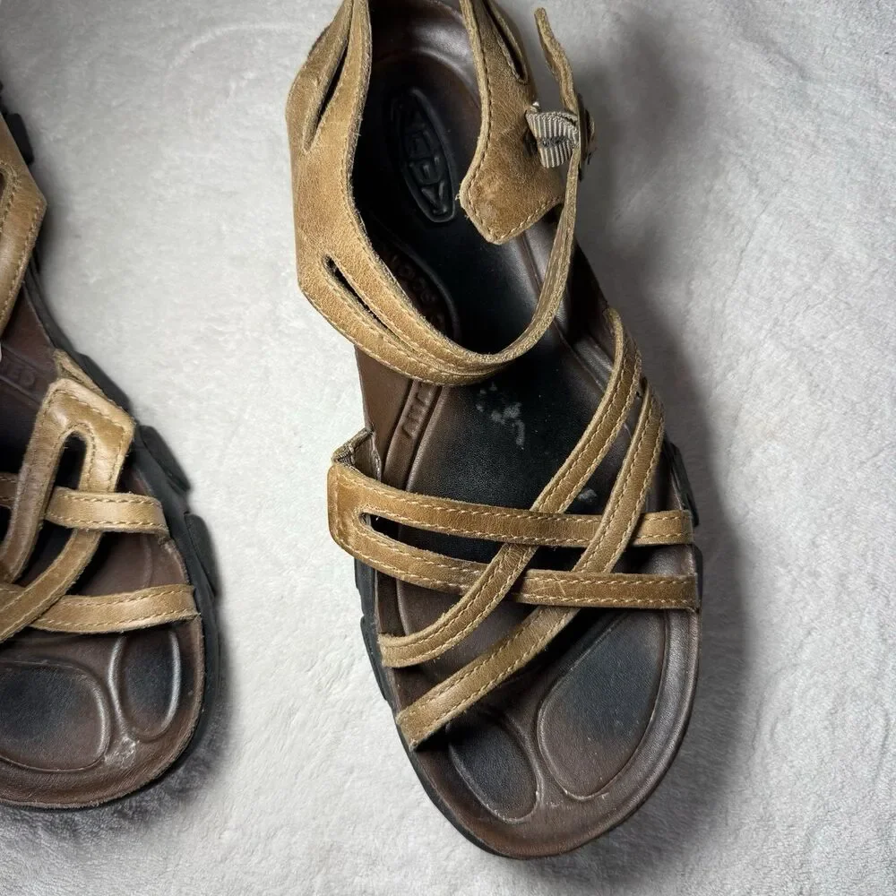KEEN Women Leather Strappy Sandals Brown/Tan Buckle Adjustable US 8.5 EU 39